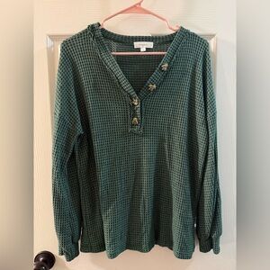 Green Waffle Knit Long Sleeve Top